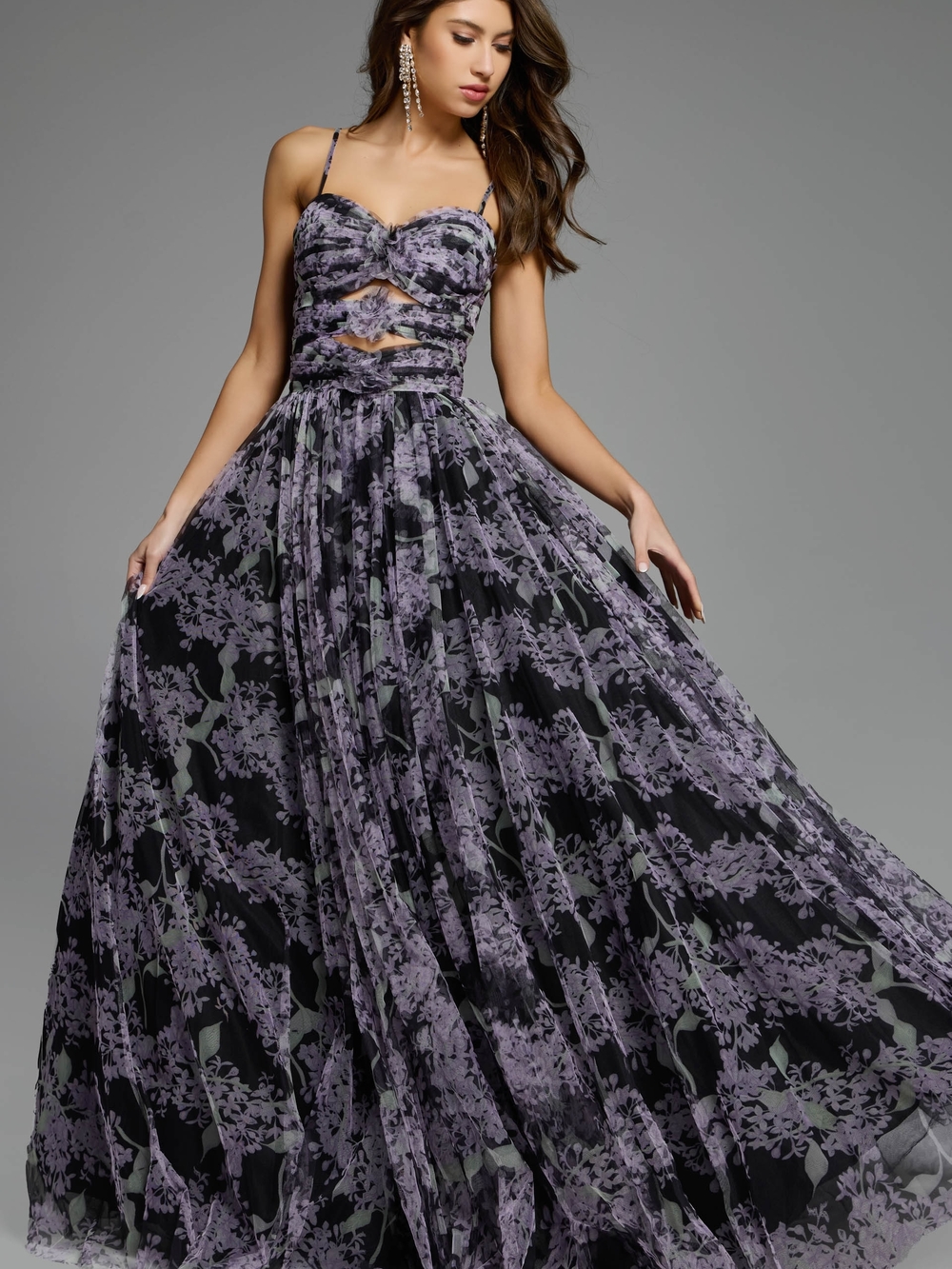 Jovani Black and Lavender Floral Lace Ball Gown